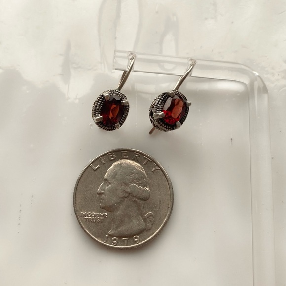Red Garnet and Marcasite hook back Earrings - Picture 5 of 5